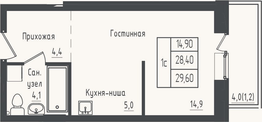 Планировка: Студия, 28,4 м²