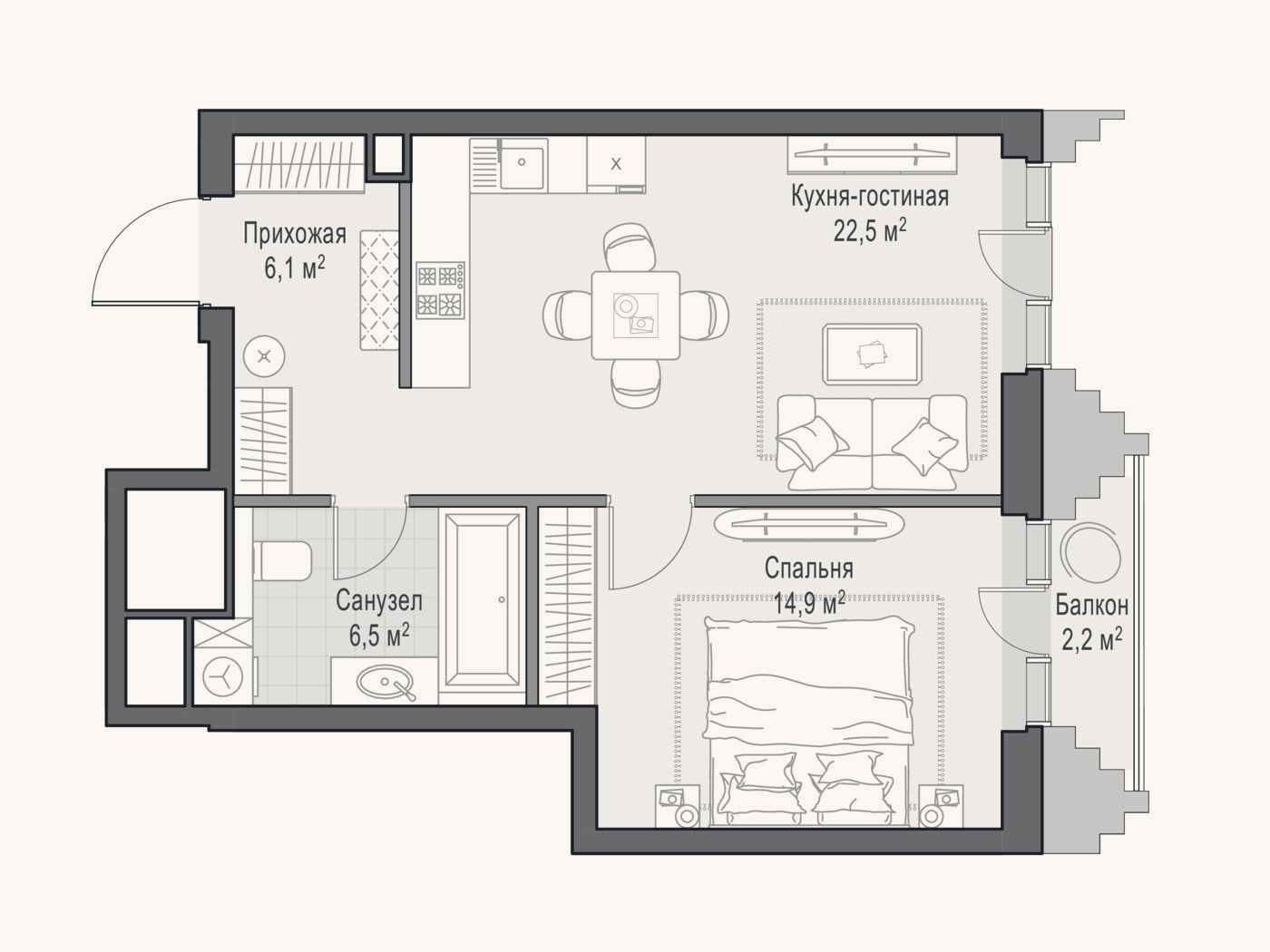 Планировка: 2-к, 49,5 м²