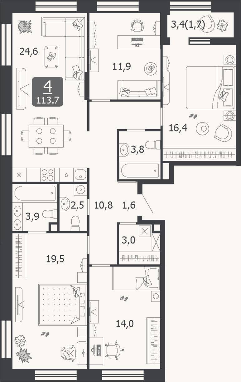 Планировка: 4+ к, 112 м²