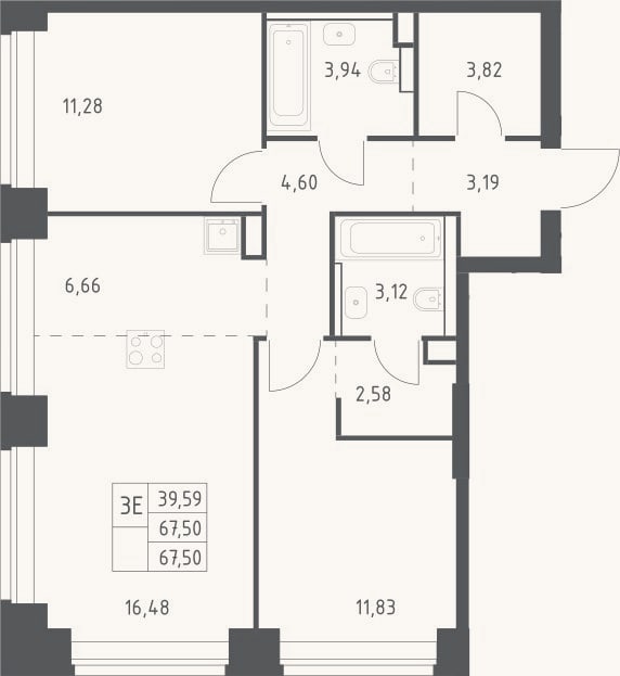 Планировка: 3-к, 67,5 м²