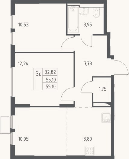 Планировка: 3-к, 55,1 м²