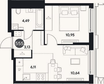 Планировка: 2-к, 35,3 м²