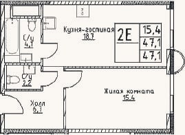 Планировка: 2-к, 47,1 м²