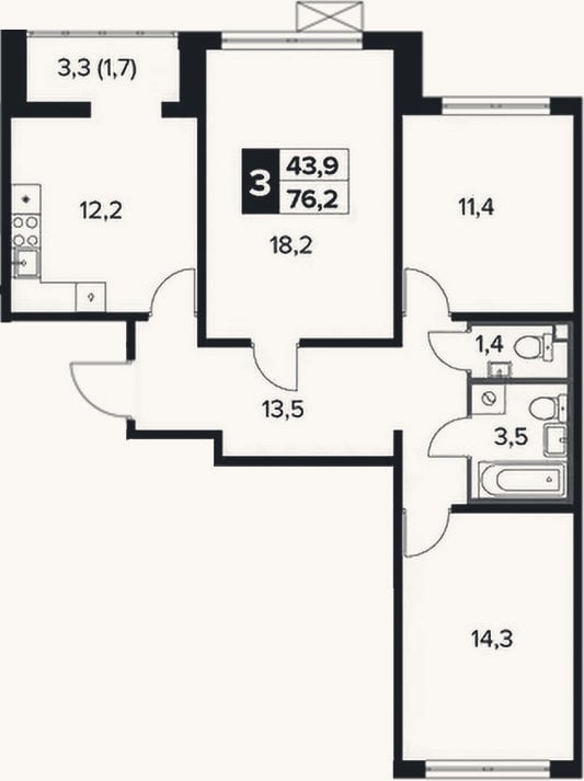 Планировка: 3-к, 74,5 м²