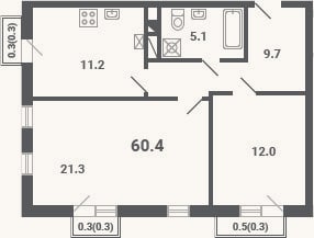 Планировка: 2-к, 59,3 м²