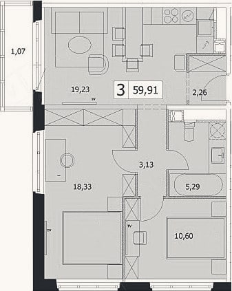 Планировка: 3-к, 58,8 м²