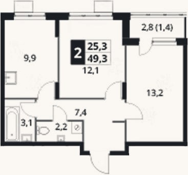 Планировка: 2-к, 47,9 м²