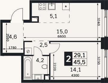 Планировка: 2-к, 45,5 м²