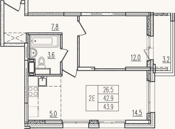 Планировка: 2-к, 42,9 м²