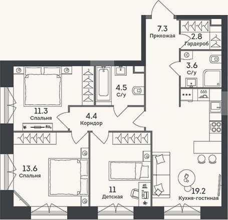 Планировка: 4+ к, 77,7 м²