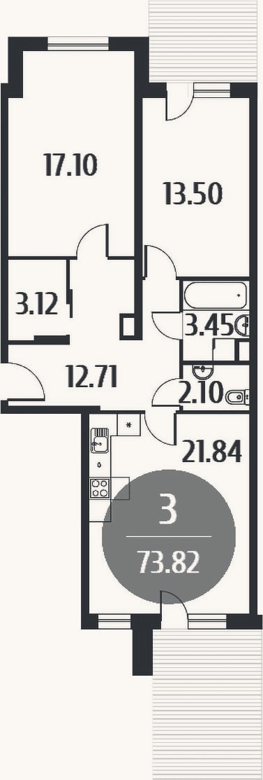 Планировка: 3-к, 73,8 м²