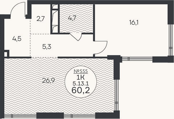 Планировка: 2-к, 60,2 м²