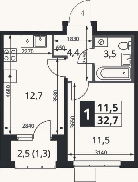 Планировка: 2-к, 31,4 м²