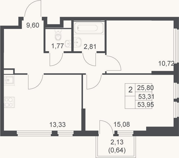Планировка: 2-к, 53,3 м²