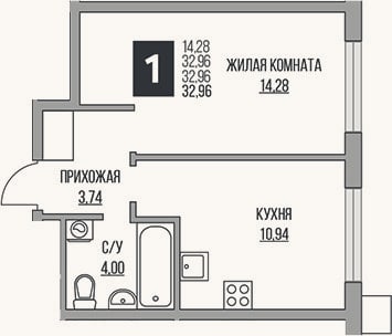 Планировка: 1-к, 33 м²