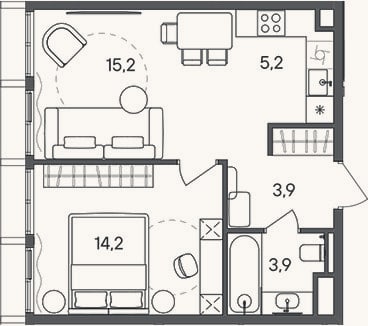 Планировка: 2-к, 42,4 м²