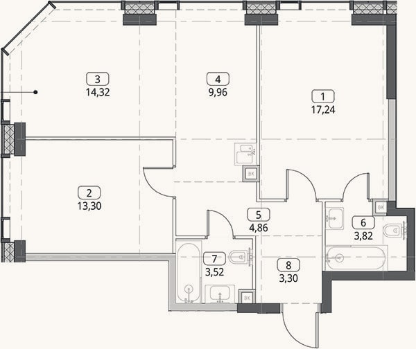 Планировка: 3-к, 70,3 м²