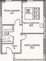 Планировка: 3-к, 57,2 м²