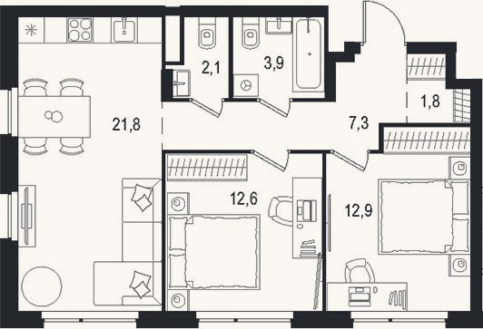 Планировка: 3-к, 62,4 м²