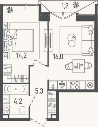 Планировка: 2-к, 39,7 м²
