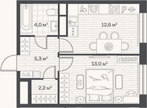 Планировка: 1-к, 37,1 м²