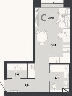 Планировка: Студия, 29,6 м²