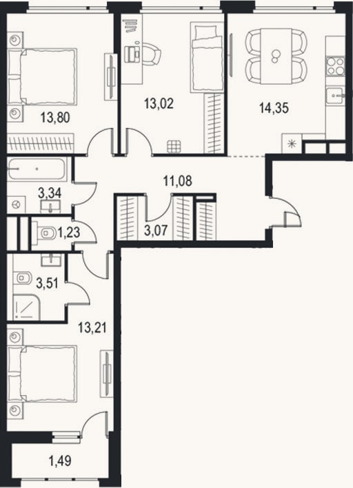 Планировка: 3-к, 76,7 м²
