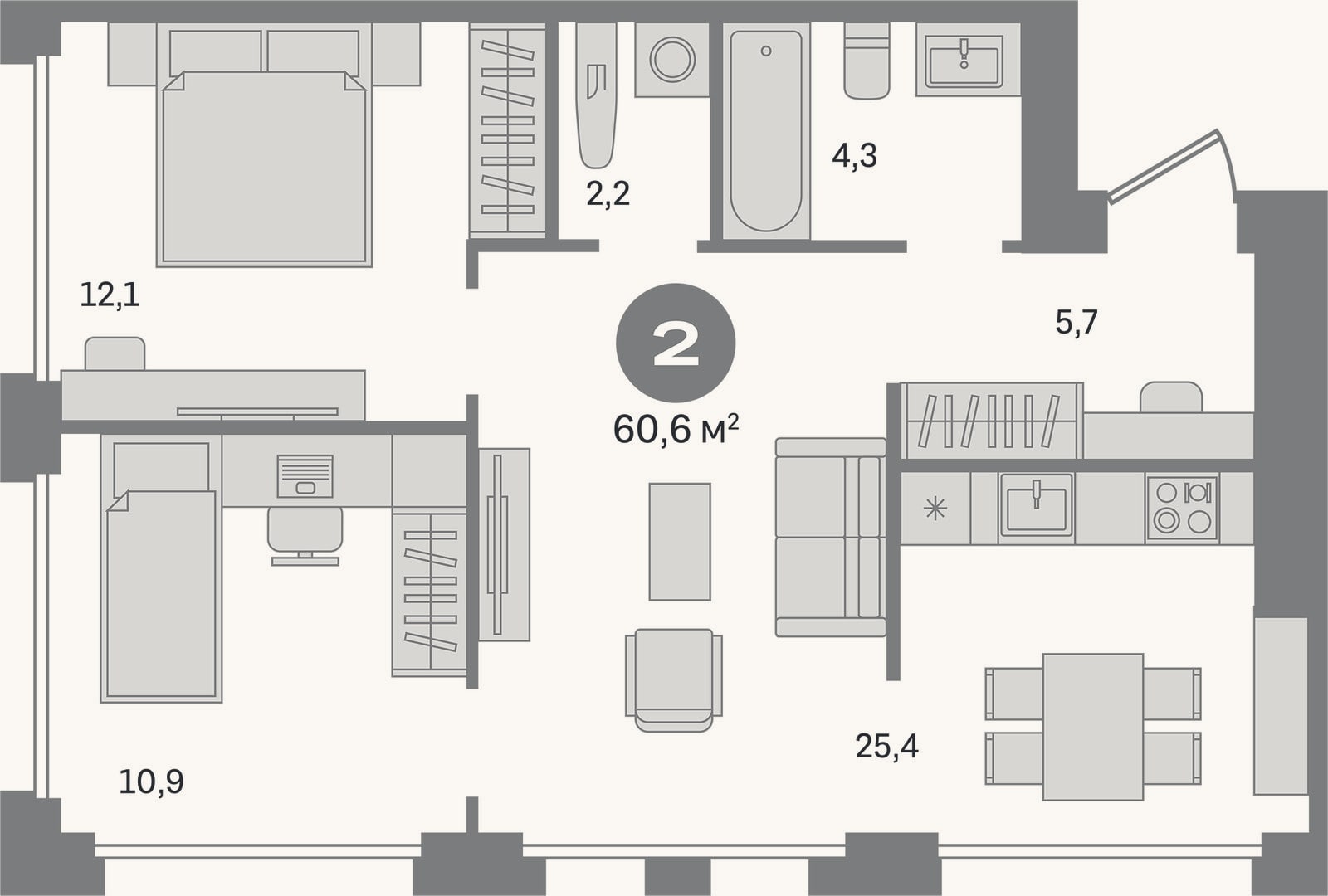 Планировка: 2-к, 60,6 м²
