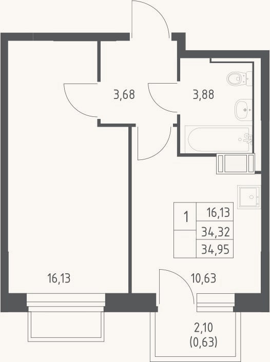 Планировка: 1-к, 34,3 м²