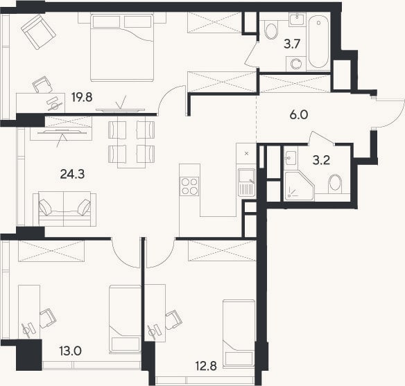 Планировка: 4+ к, 82,8 м²