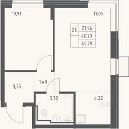 Планировка: 2-к, 40,8 м²