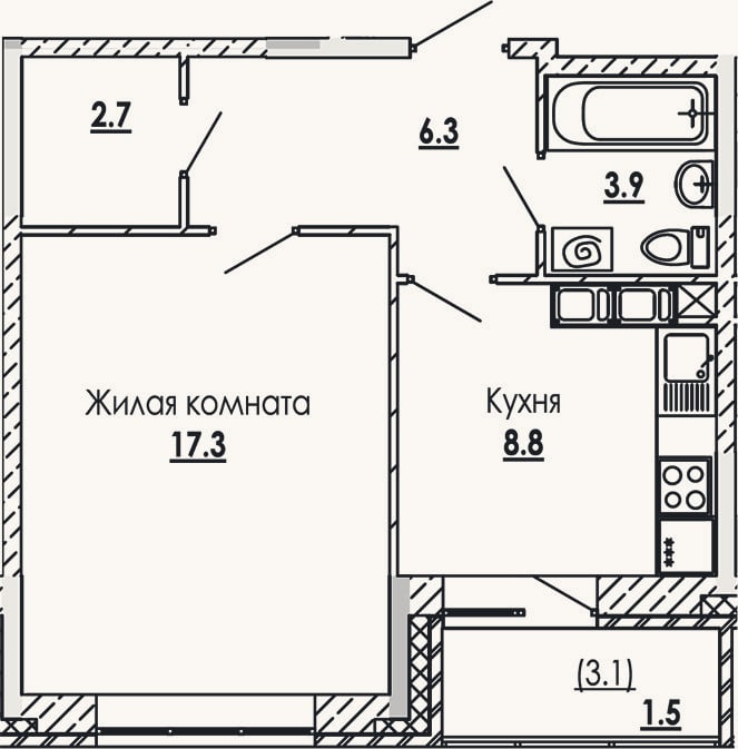 Планировка: 1-к, 39 м²