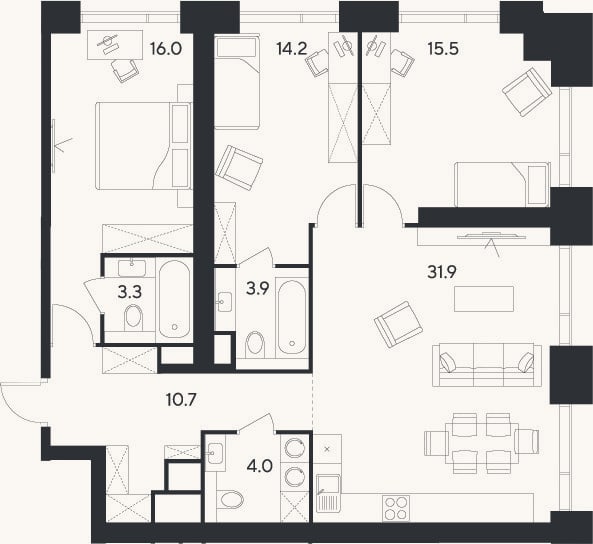 Планировка: 3-к, 99,5 м²