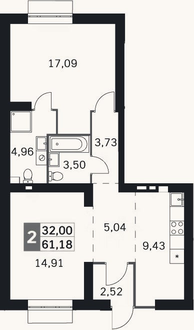 Планировка: 2-к, 61,2 м²