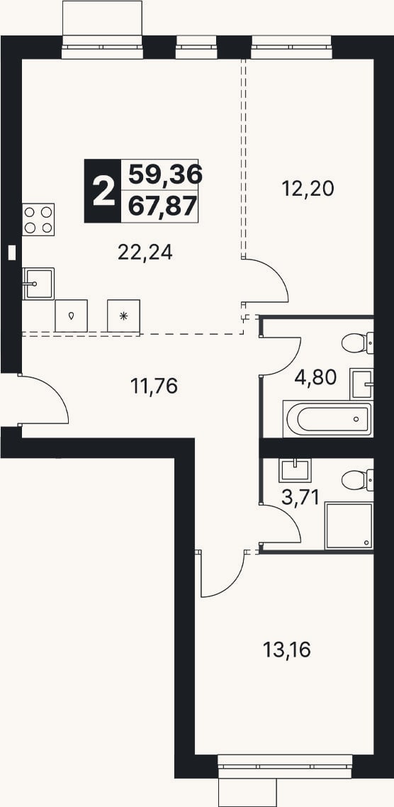 Планировка: 3-к, 67,9 м²