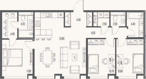 Планировка: 3-к, 91,6 м²