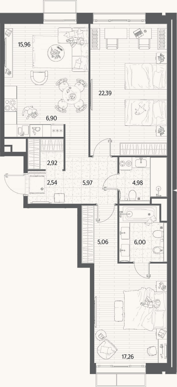 Планировка: 3-к, 91 м²