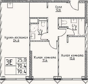 Планировка: 3-к, 70,4 м²