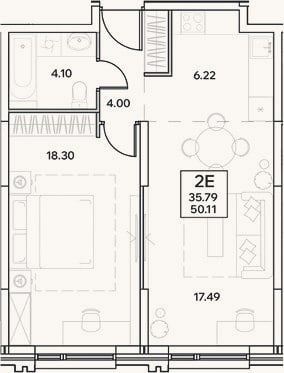 Планировка: 2-к, 50,1 м²