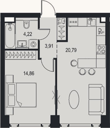 Планировка: 2-к, 43,8 м²