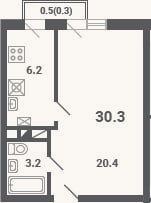 Планировка: 1-к, 29,8 м²