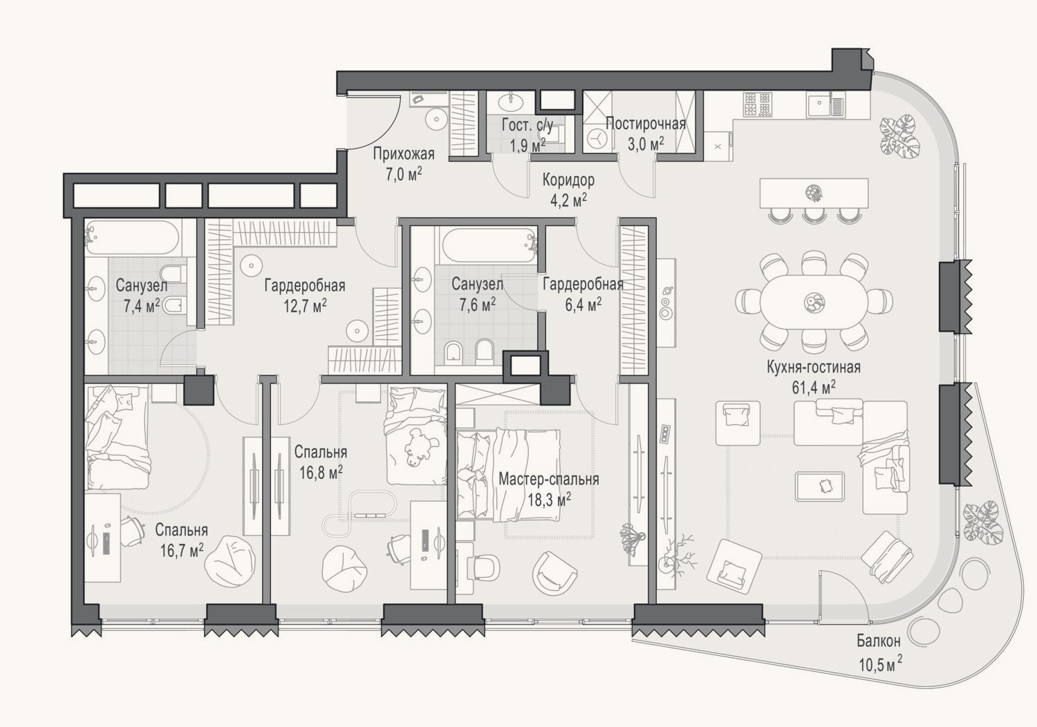 Планировка: 3-к, 162,9 м²