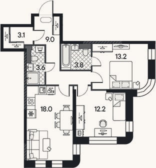Планировка: 3-к, 62,9 м²