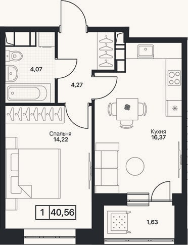 Планировка: 1-к, 38,7 м²