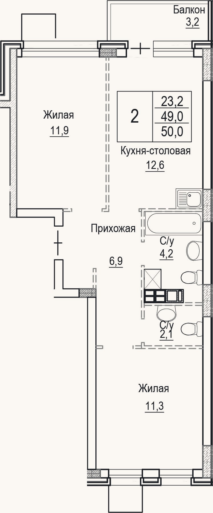 Планировка: 3-к, 49 м²