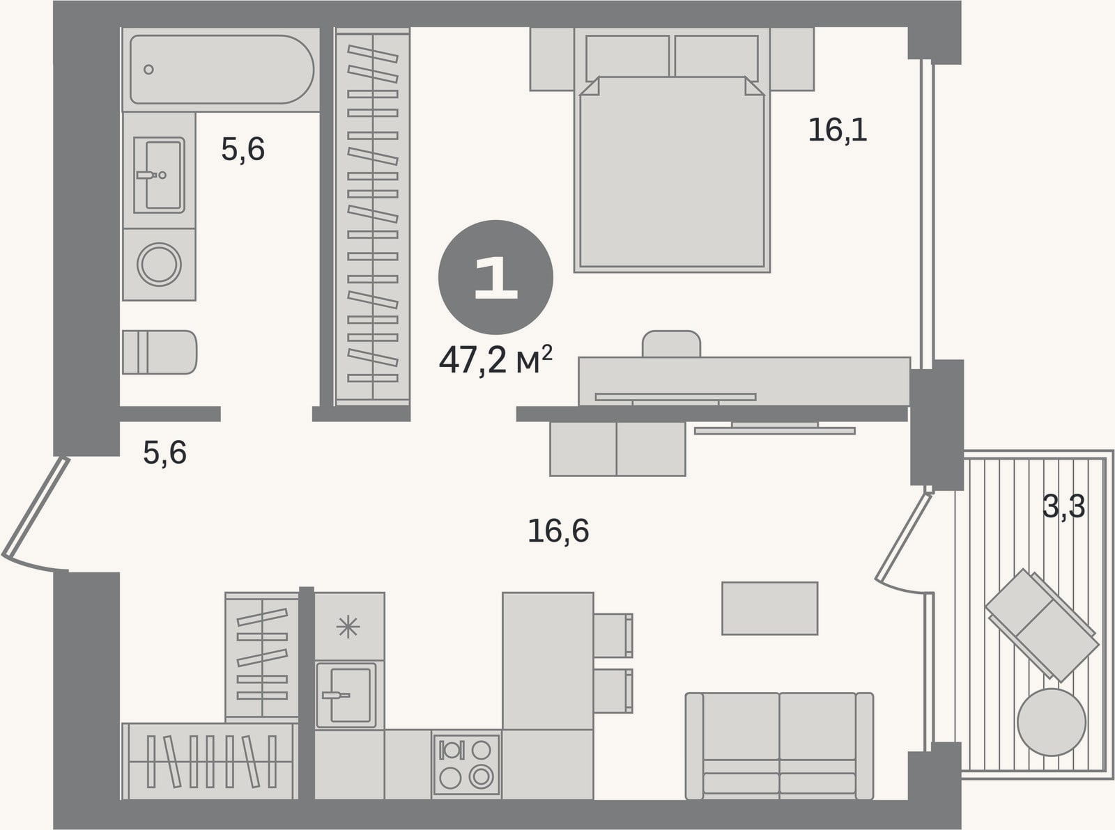 Планировка: 1-к, 46,2 м²