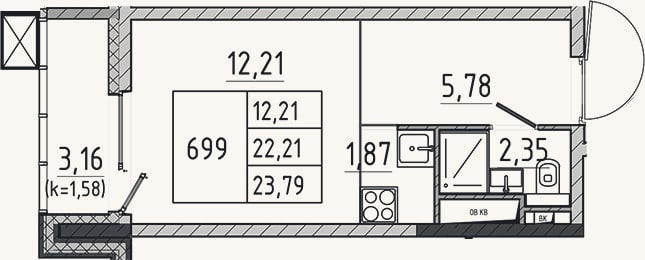 Планировка: Студия, 22,2 м²