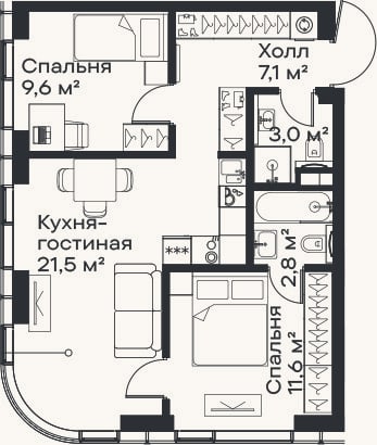 Планировка: 3-к, 55,6 м²