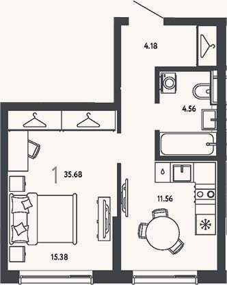 Планировка: 1-к, 35,7 м²