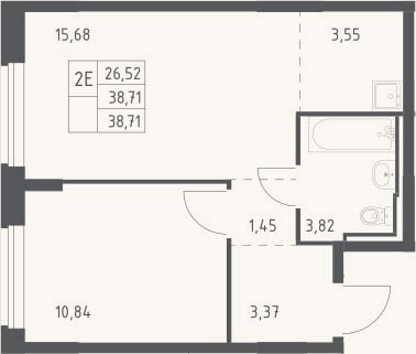 Планировка: 2-к, 38,7 м²